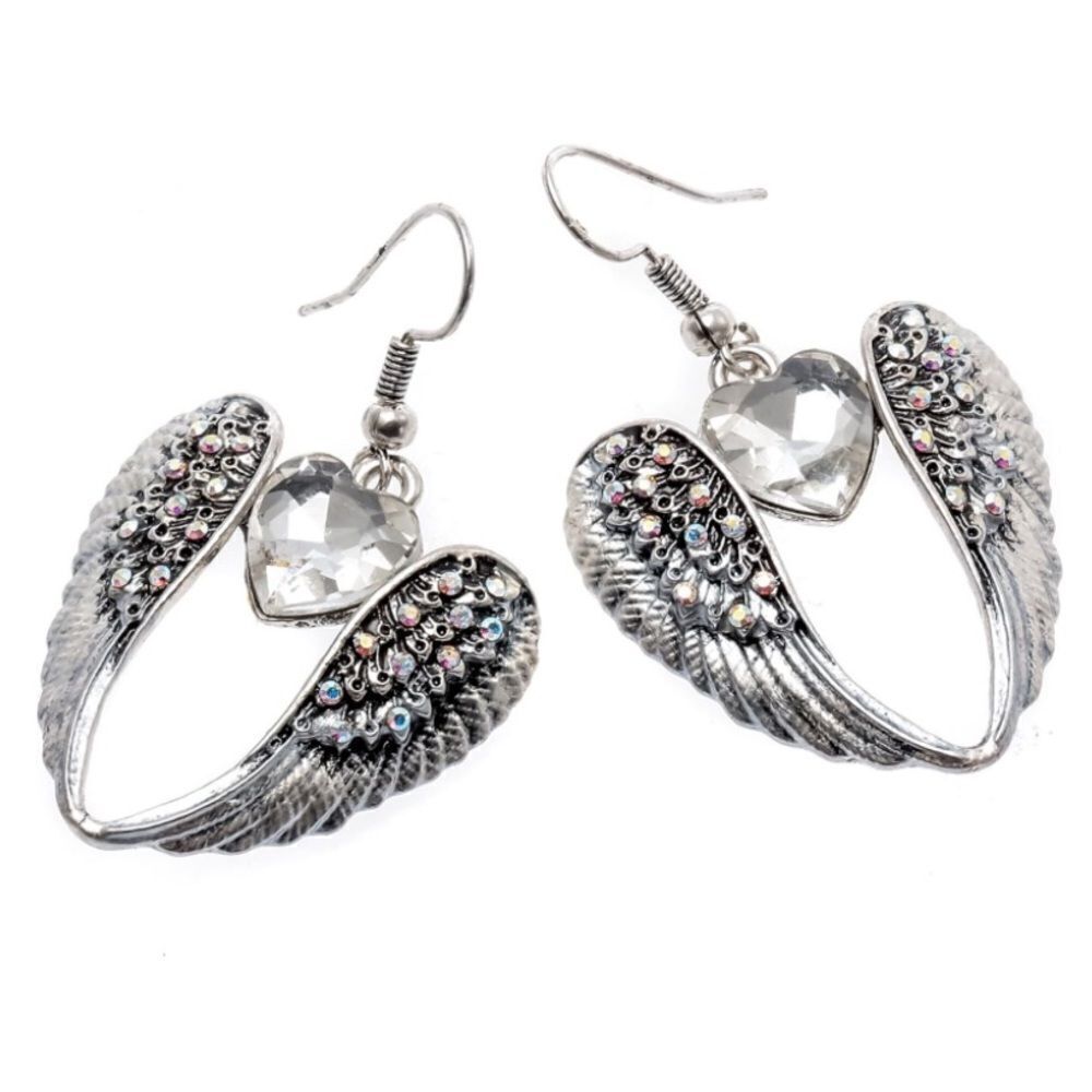 Silver with White Diamond Crystal Angel Wing with Heart Dangling Hook Earrings